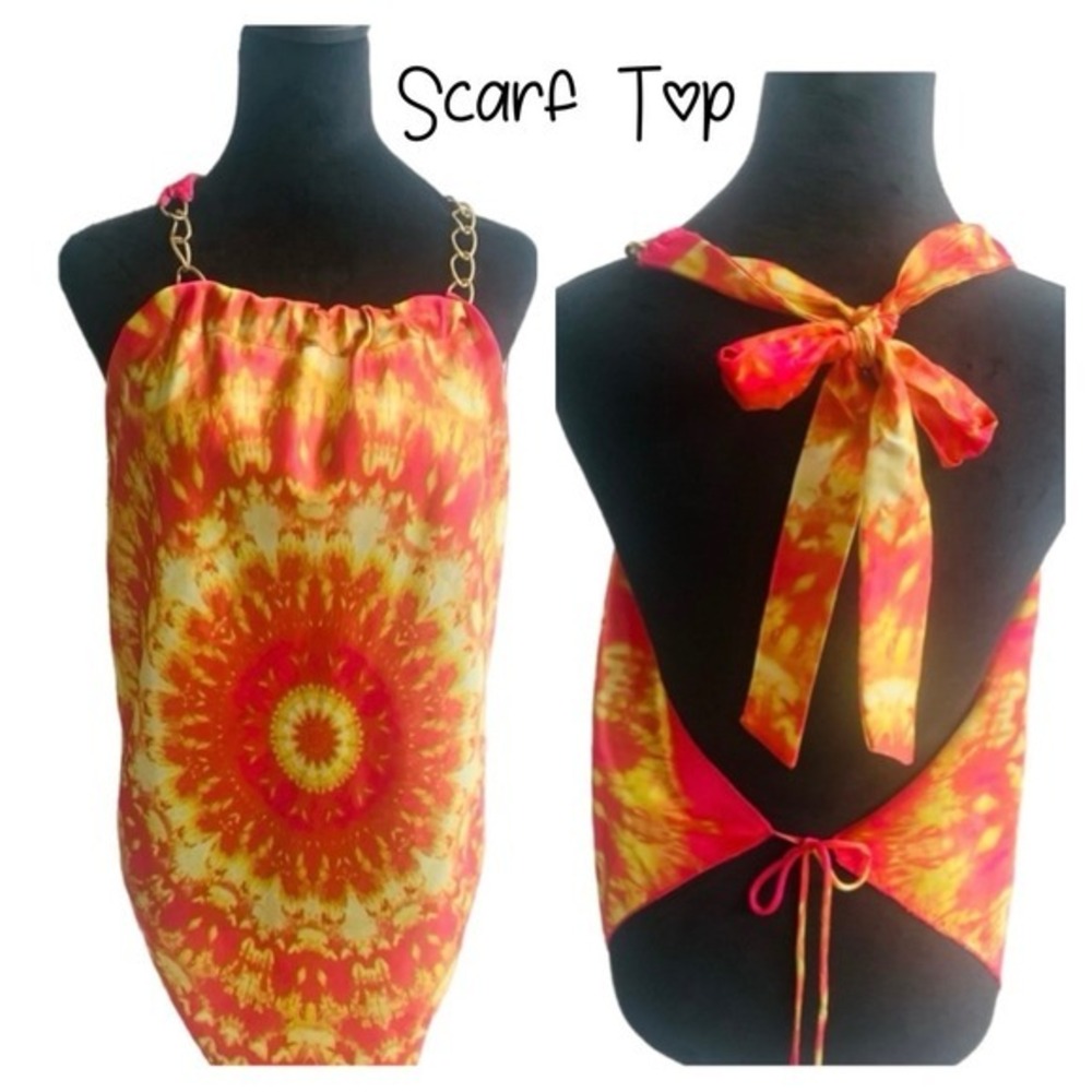 Y2K Tie Dye Scarf Halter Top Gold Chain Open Back Boho Festival
Size: L/Xl